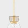 Elodie Pendant with asymmetric hourglass clear and light bronze glass shades and aged brass metal frame