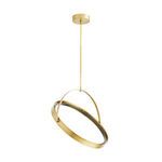 Pendant seen from a side angle with LED light ring tilted diagonally inside the gold brass frame