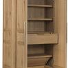 Driftwood Wardrobe with doors open showing interior shelves, tray drawer, and hidden lift-lid compartment
