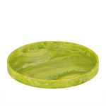 Top-down front angle showing full circular shape and marbled pattern on tray surface