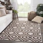 Rug styled in bright indoor living room setting with sofa, plants, and pouf on wood floor