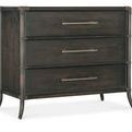 Retreat Pole Rattan Chest with three black sand finish drawers, seagrass green drawer fronts, and pewter textured bar pulls