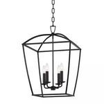 Black aged iron pendant with four candelabra lights inside thin iron cage and hanging chain