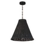Bell-shaped pendant light woven from black natural rattan with cone silhouette and hanging chain