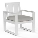 Newport Dining Chair with wide slat back and linear satin white powder coated aluminum frame, grey seat cushion