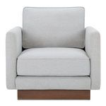 Vernon accent chair in light gray fabric with removable cushions and wooden plinth base