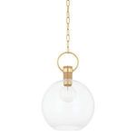 Catrine 1-Light Pendant with a large clear glass globe, aged brass oversized pin and loop, and grass cloth wrap on the pin
