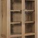 Driftwood display cabinet in warm buckboard finish with seeded glass doors and four adjustable shelves