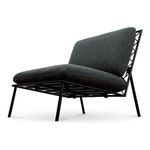 Low side view highlighting chair seat suspension and angled legs on black metal frame