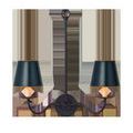 Chandelier with two navy tapered shades on curved black arms and long rod mount, front view