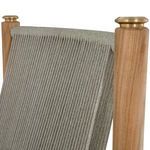 Close-up of brass-capped teak posts with tightly wound taupe rope back on Pacifica chair
