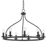Kendra 9 Light Chandelier in black steel with circular frame and exposed bulbs on short candle-like holders