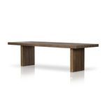 Three-quarter angle showing table proportions and thickness of reclaimed teak planks