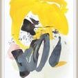 Abstract floral painting with bold yellow, black, and gray brushstrokes on a white background in a light wood frame