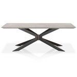 Industry Rectangle Dining Table with ash gray concrete top, black iron pedestal base and central solid wood accent