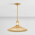 Full view of Clermont Pendant hanging from ceiling with straight rod, brass finish visible from side