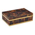 Box closed viewed from a slightly raised position emphasizing sleek brass edge trims