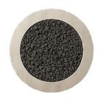 Top-down view showing circular concrete rim surrounding densely packed black lava stones inside fire table