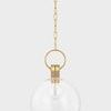 Catrine pendant side view showing clear glass globe and aged brass chain with round ceiling mount