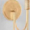 Warrensburg Wall Sconce with vintage gold leaf finish, swooping metalwork, linen shade, and abaca-wrapped detail