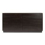 Denman 6 Drawer Dresser in dark wood with parquet-style woodgrain facade and flat base