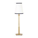 Daisy Buffet Lamp with natural brass daisy-shaped base and white linen shade with navy trim