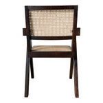 Rear view of Takashi chair with visible rattan woven back framed by dark elm wood