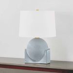 Leeston Tall Table Lamp with spherical ceramic base carved from a block, soft matte blue glaze, and white drum shade
