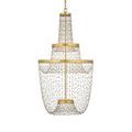 Front view of chandelier with bead strands arranged in elegant swag pattern beneath gold rings