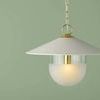 Ressi Pendant angled to show chain link length and illuminated frosted globe