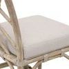 Close-up of taupe fabric seat cushion and rope door binding on wooden frame underneath