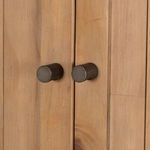 Close-up view of matte black knob handles on Knightdale Brown Wooden Cabinet doors