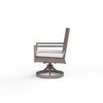 Side profile highlighting armrest, cushion thickness, and swivel base structure of the Laguna chair