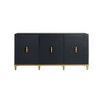 Front view of navy raffia door media console with gold hardware and legs