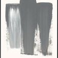 Abstract painting featuring three vertical grey brushstrokes with varied textures on a white background