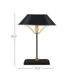 Top-down angle revealing gold trim inside the black oval shade and intricate metal support underneath