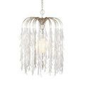 Pendant lit, hanging from chain with soft shadows behind on white background