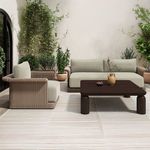 Outdoor living room with Meredith chair, matching sofa, coffee table, and greenery backdrop