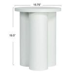 Front view with dimensions 15.75 inches wide by 19.5 inches tall of white cylindrical base end table
