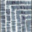 abstract painting with irregular dark blue brush strokes arranged in concentric rectangular patterns on a white background