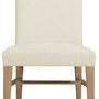 Front view highlighting wide bisque fabric seat cushion and oak legs with stretcher bar support in Buckboard finish
