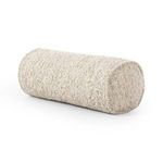 Thick, heavy boucle bolster pillow in beige with speckled texture, cylindrical shape
