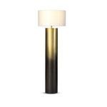 Floor lamp with off-white linen shade and golden brass ombre base on white background