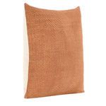 Angled side view highlighting pillow's thickness and basket weave texture on brown front