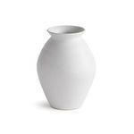 Hand-thrown terracotta vase with white uneven matte glaze and subtle horizontal ribbing, bulbous shape with flared rim
