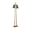 Side view of single black conical shade on antique brass pole with minimal base