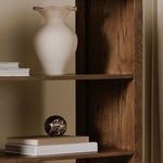 Close-up of middle shelves on Caroline bookcase showing wood grain texture and decorative items
