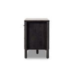 Side view showing depth and profile of the media console with dowel legs and smooth wood panels.
