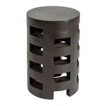 Round Canyon Teakwood Stool with stacked, open rectangular cutout design in dark natural teakwood