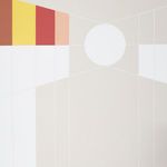 Detail of right panel showing white circle and pale beige geometric background with colored blocks in yellow, red, peach, ...